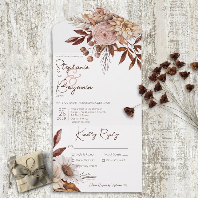 Rustic Boho Blush Neutrals Floral White Dinner All In One Invitation (Creator Uploaded)