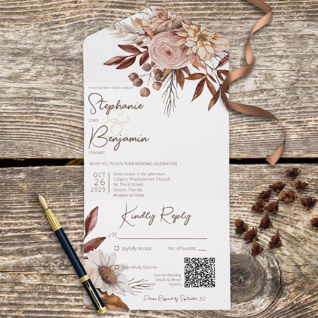Rustic Boho Blush Neutrals Floral White QR Code All In One Invitation (Creator Uploaded)