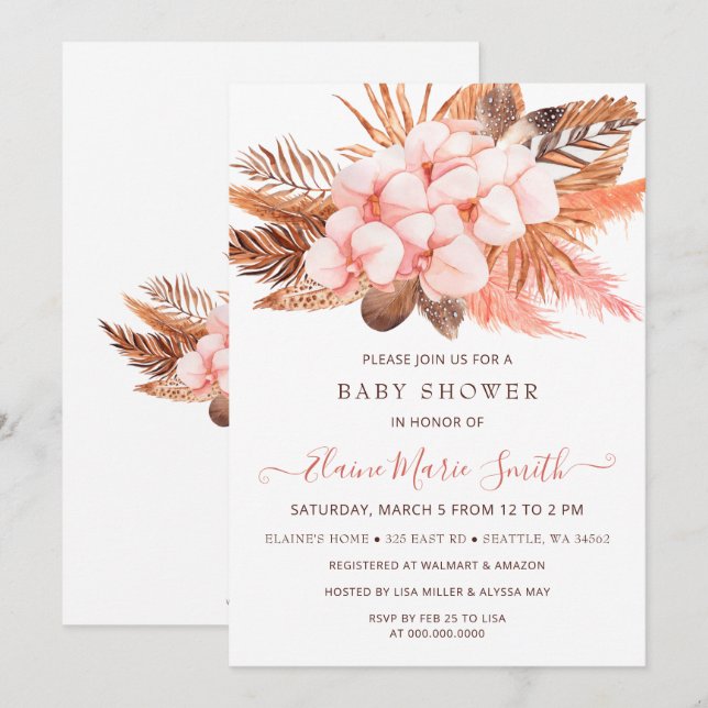 Rustic Boho Blush Pampas Grass Girl Baby Shower Invitation (Front/Back)