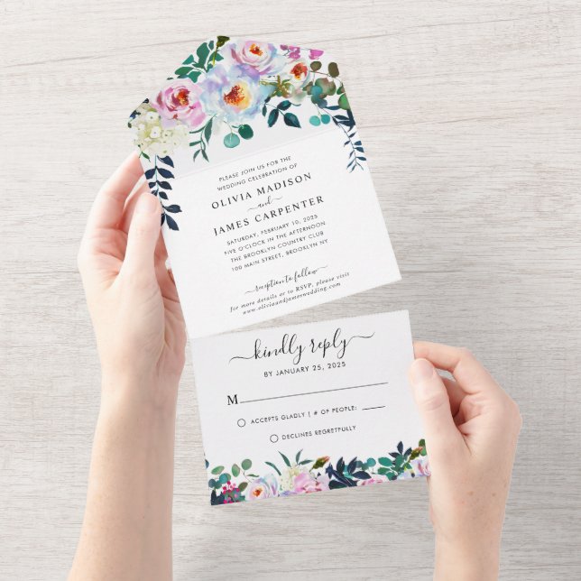Rustic Boho Blush Pink Dusty Blue Floral Wedding All In One Invitation (Tearaway)