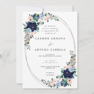 Rustic Boho Blush Pink Dusty Blue Floral Wedding  Invitation