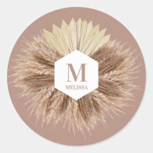 Rustic Boho Bohemian Pampas Grass Monogram Classic Round Sticker