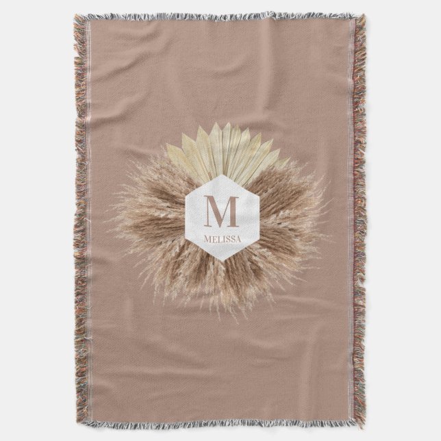 Rustic Boho Bohemian Pampas Grass Monogram Throw Blanket (Front Vertical)