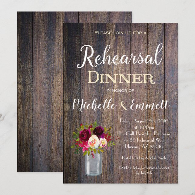 Rustic Boho Bourgogne Rehearsal Dîner Invitation (Devant / Derrière)