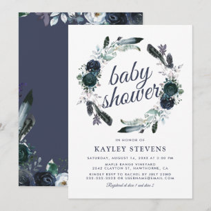 Rustic Boho Boy Blue Floral Baby Shower Invitation