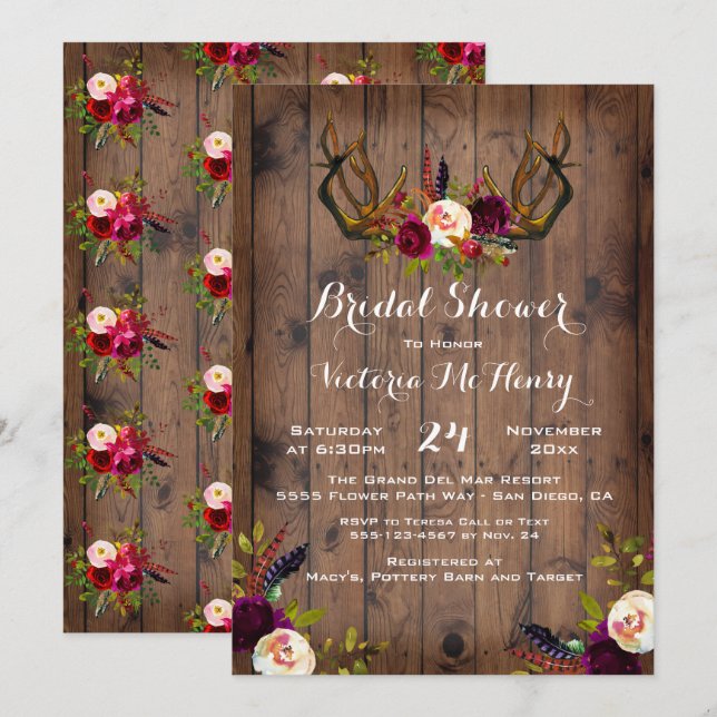Rustic Boho Bridal Shower with deer antlers Invitation (Front/Back)