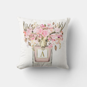 Rustic Boho Bull Skull Floral Roses Monogram    Throw Pillow