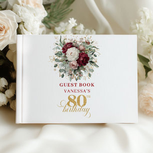 Rustic Boho Burgundy 80th Birthday Guest Book