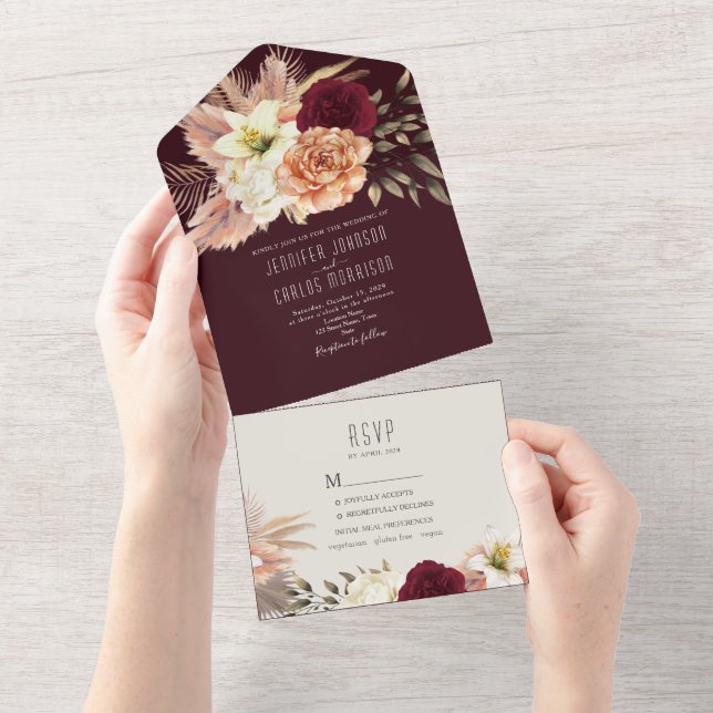 Rustic Boho Burgundy All-in-One Invite (Tearaway)