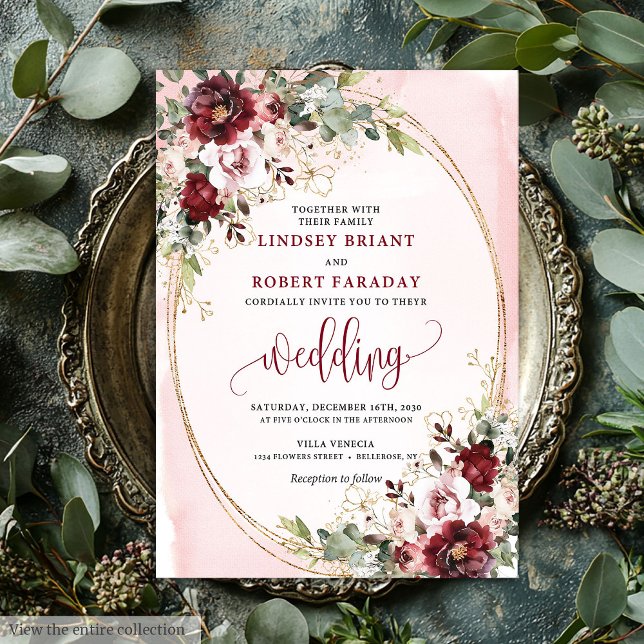 Rustic Boho Burgundy Blush Gold Floral Invitation (Rustic Boho Burgundy Blush Gold Floral Invitation)