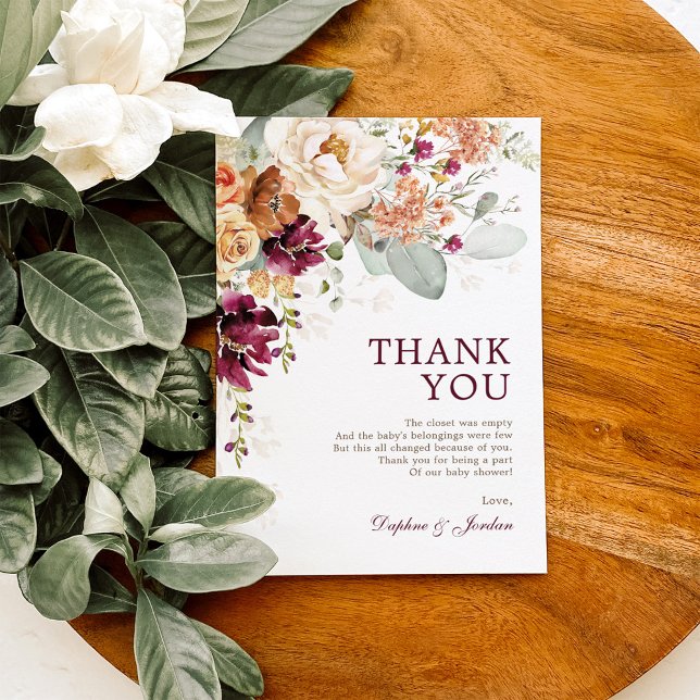 Rustic Boho Burgundy Burnt Orange Baby Shower Thank You Card (Creator Uploaded)