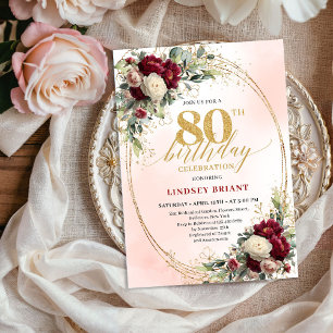 Rustic Boho Burgundy Floral 80th Birthday Invite