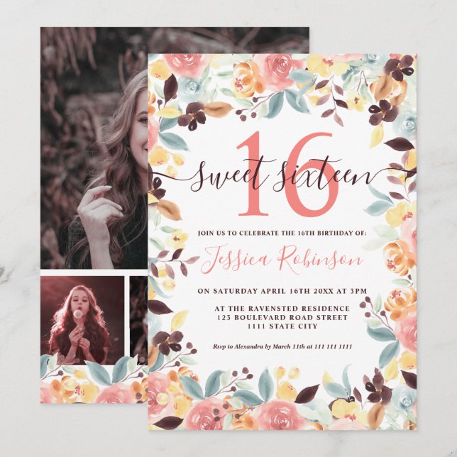Rustic boho burgundy floral photo Sweet 16 Invitation (Front/Back)