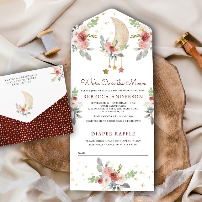 Rustic Boho Burgundy Floral Stars Moon Baby Shower All In One Invitation (Creator Uploaded)
