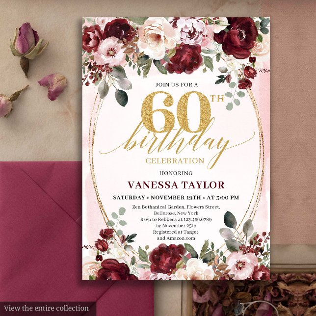Rustic Boho Burgundy Gold Roses 60th Birthday Invitation (Rustic Boho Burgundy Gold Roses 60th Birthday)