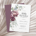 Rustic Boho Burgundy Plum Floral 40th Birthday Invitation<br><div class="desc">A beautifully stylish 40th birthday party invitation that captures the essence of rustic elegance with its arched bouquet of peonies and roses in harmonizing deep burgundy, plum, and dusty pink with trailing eucalyptus greenery. The feminine botanical elements pop with style and boho charm. Personalize the text template with your event...</div>