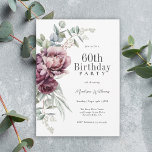 Rustic Boho Burgundy Plum Floral 60th Birthday Invitation<br><div class="desc">An ultra-feminine boho stylish 60th birthday party invitation that captures the essence of rustic elegance with its arched bouquet of peonies and roses in harmonizing deep burgundy, plum, and dusty pink with trailing eucalyptus greenery. The feminine botanical elements pop with style and sophistication. Personalize the text template with your event...</div>