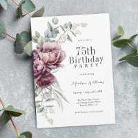 Rustic Boho Burgundy Plum Floral 75th Birthday