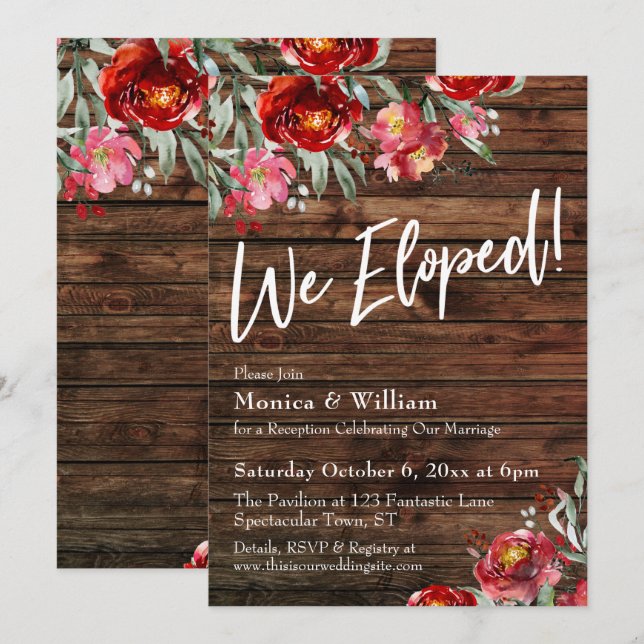Rustic Boho Burgundy Red Floral We Eloped! Invitation (Front/Back)