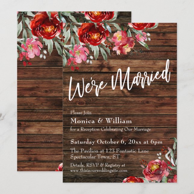 Rustic Boho Burgundy Red Floral We're Married Invitation (Front/Back)