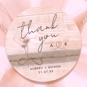 Rustic Boho Burlap Wood Blush Wildflower Thank you Classic Round Sticker