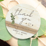 Rustic Boho Burlap Wood Eucalyptus Thank you Classic Round Sticker<br><div class="desc">Rustic Neutral Boho Burlap Floral "Faux Wood - look"  Eucalyptus Wedding Thank you Classic Round Sticker. * Note - No actual wood,  burlap,  or eucalyptus are used in the creation of this item.</div>