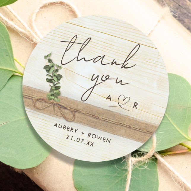Rustic Boho Burlap Wood Eucalyptus Thank you Classic Round Sticker (Creator Uploaded)