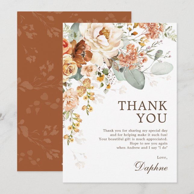 Rustic Boho Burnt Orange Floral Bridal Shower Thank You Card (Front/Back)