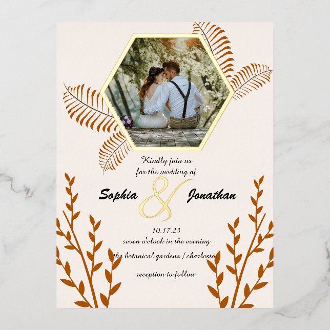rustic boho burnt orange wedding foil invitation postcard (Front)