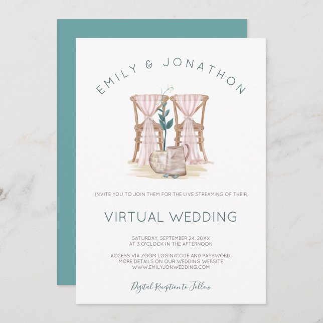 Rustic Boho Chairs Blue Eucalyptus Virtual Wedding Invitation (Front/Back)