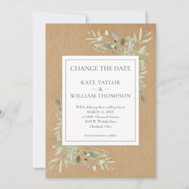 Rustic Boho Change the Date Watercolour Greenery Save The Date (Front)