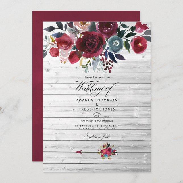 Rustic Boho Chic Burgundy and Navy Floral Wedding Invitation (Front/Back)