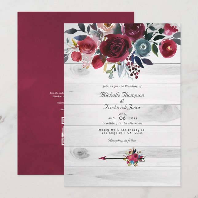 Rustic Boho Chic Burgundy and Navy Floral Wedding Invitation (Front/Back)