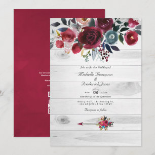 Rustic Boho Chic Burgundy and Navy Floral Wedding Invitation