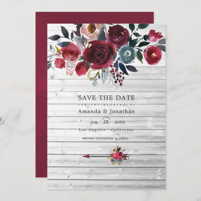Rustic Boho Chic Burgundy and Navy Floral Wedding Save The Date (Front/Back)