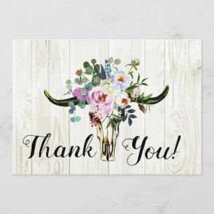 Rustic Boho Chic Floral Longhorn Skull Thank You Card
