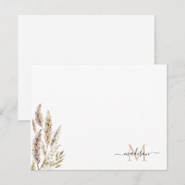 Rustic Boho Chic Pampas Grass Palm Leaves Monogram Card (Front/Back)