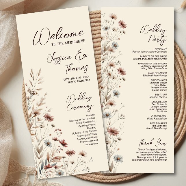 Rustic Boho Chic Wildflowers Earthtone Wedding Program (Front/Back)