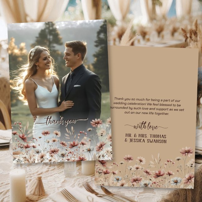 Rustic Boho Chic Wildflowers Full Photo Wedding Thank You Card (Front/Back)