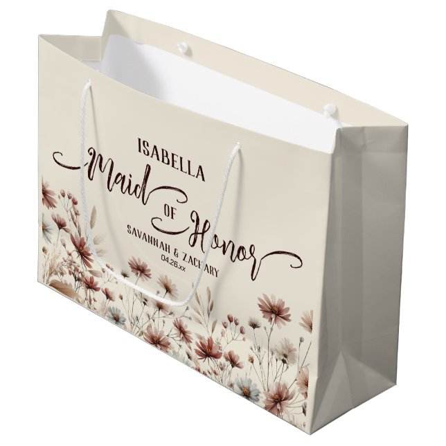 Rustic Boho Chic Wildflowers Maid of Honour Weddin Large Gift Bag (Front Angled)