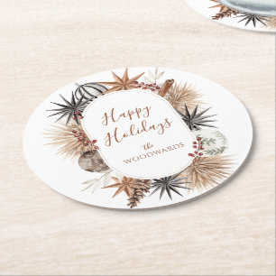 Rustic Boho Christmas Personalized Round Paper Coaster