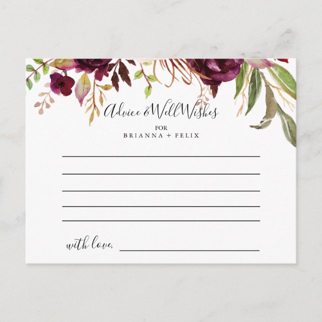 Rustic Boho Colourful Floral Wedding Advice Card (Front)
