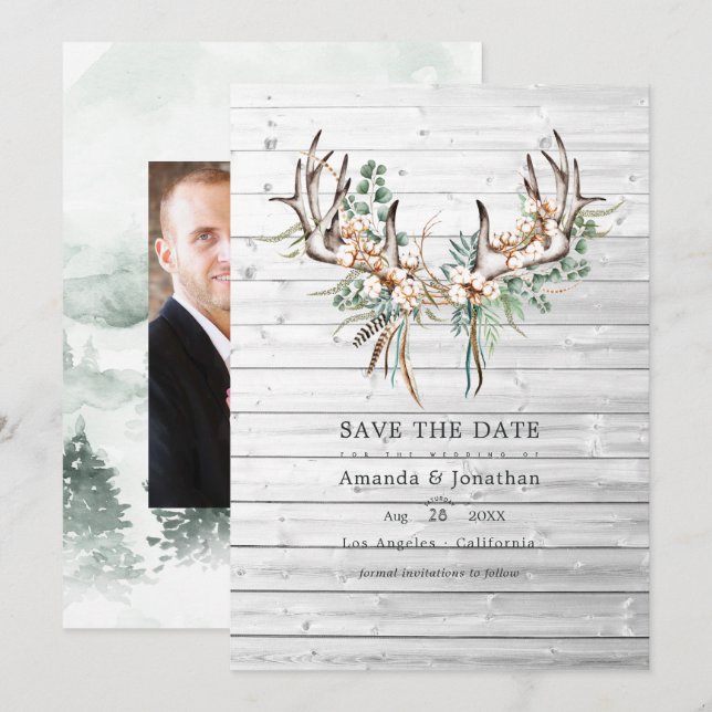 Rustic Boho Cotton and Eucalyptus Bohemian Wedding Save The Date (Front/Back)