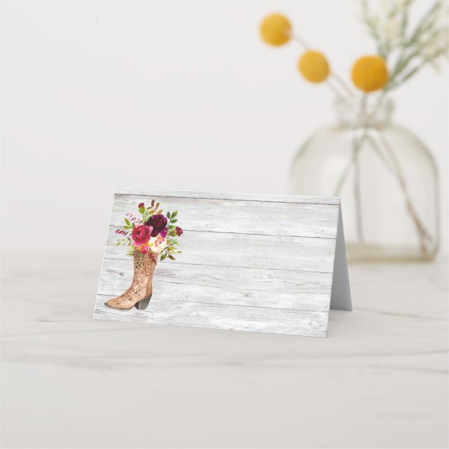 Rustic Boho Country Western Marsala Burgundy Boot Place Card (Front)