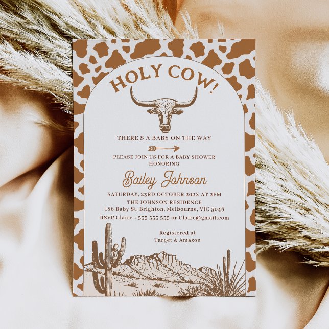 Rustic Boho Cow Print Holy Cow Baby Shower Invitation (Holy Cow Baby Shower Invitation, Brown Cow Print, Western Desert, Longhorn Cow, Cow Themed Shower)