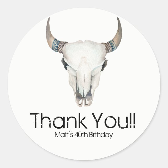 Rustic Boho Cow Skull Custom Birthday Party Favour Classic Round Sticker (Front)
