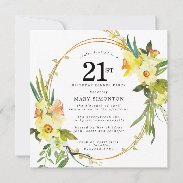 Rustic Boho Daffodil 21st Birthday Dinner Party Invitation (Front)