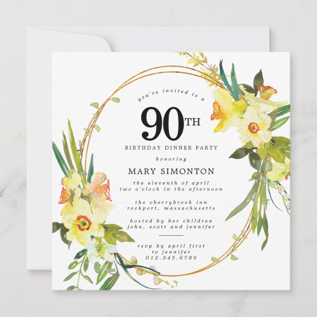 Rustic Boho Daffodil 90th Birthday Dinner Party Invitation (Front)