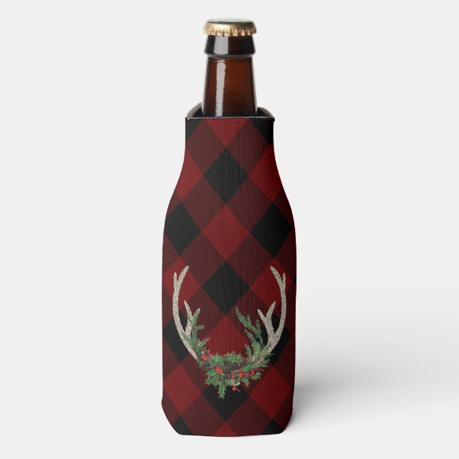 Rustic Boho Deer Antlers | Christmas Plaid Floral Bottle Cooler (Bottle Front)