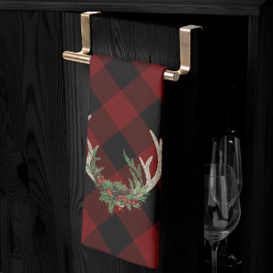 Rustic Boho Deer Antlers Christmas Plaid Floral Kitchen Towel